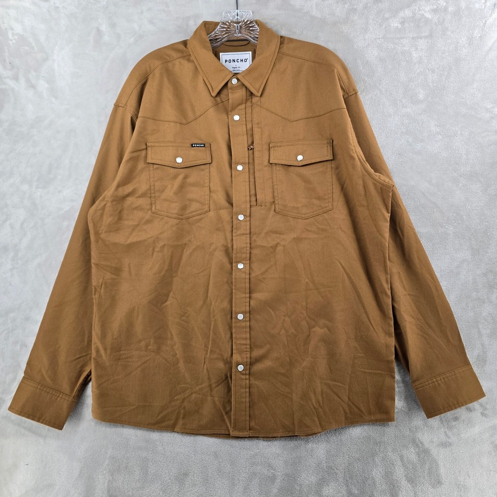 Poncho Western Flannel Shirt Men Large Brown Regular Fit Long Sleeve Pearl Snap